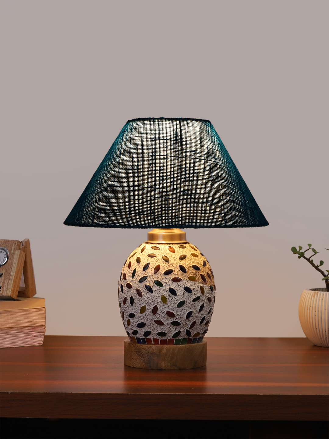 Ambika Home Turquoise Jute Mosaic Glass Table Lamp | Decorative Bedside Lamp for Bedroom, Living Room, Hall, Hotel, Café, Restaurant, Office & Study Room | E27 Compatible - Image 2
