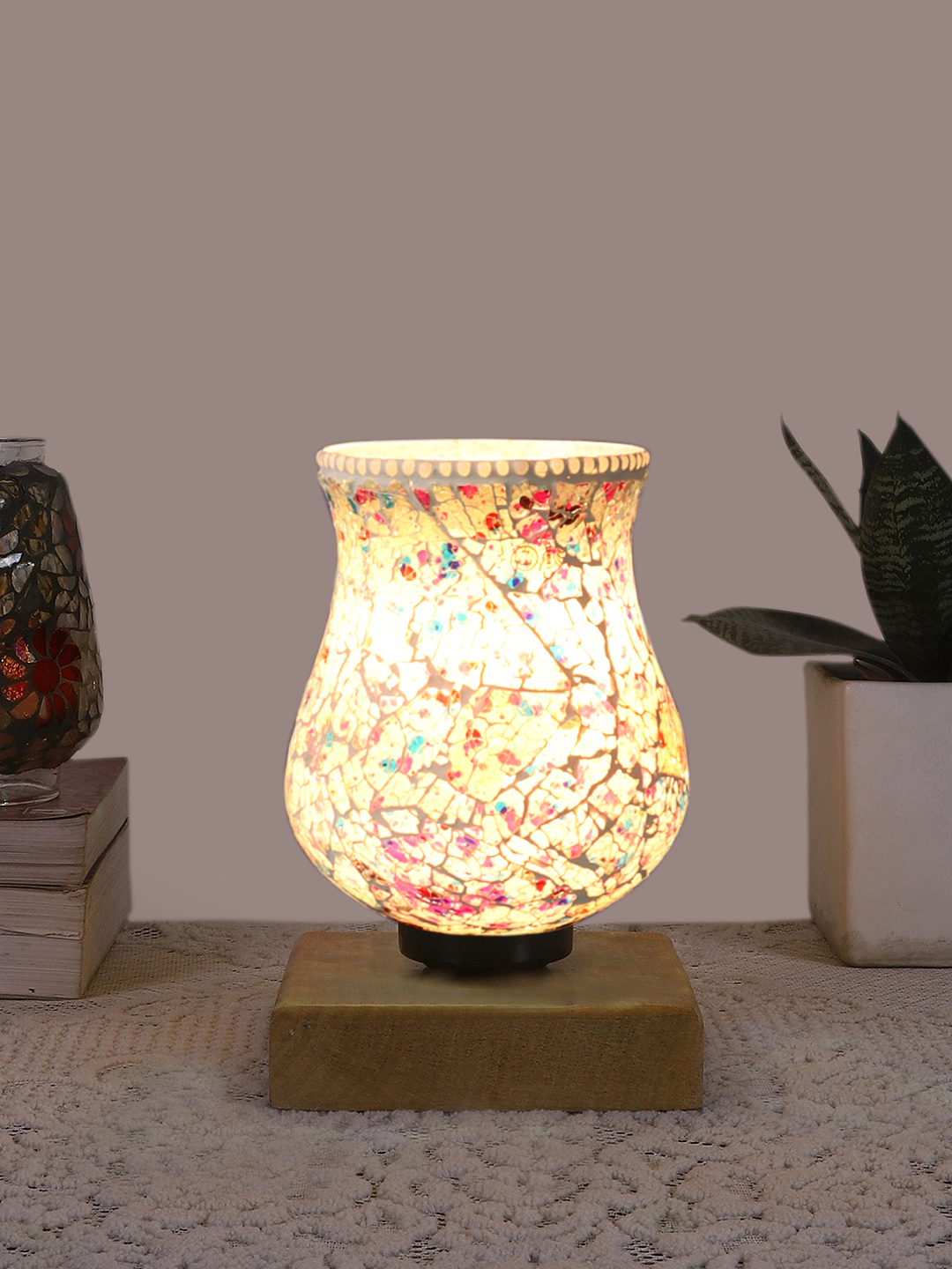 Ambika Home Solara Mosaic Multicolor Mosaic Glass Table Lamp with Wooden Base | Premium Bedside Lamp for Bedroom, Living Room, Hall, Hotel, Café, Restaurant & Office | E27 Compatible - Image 2