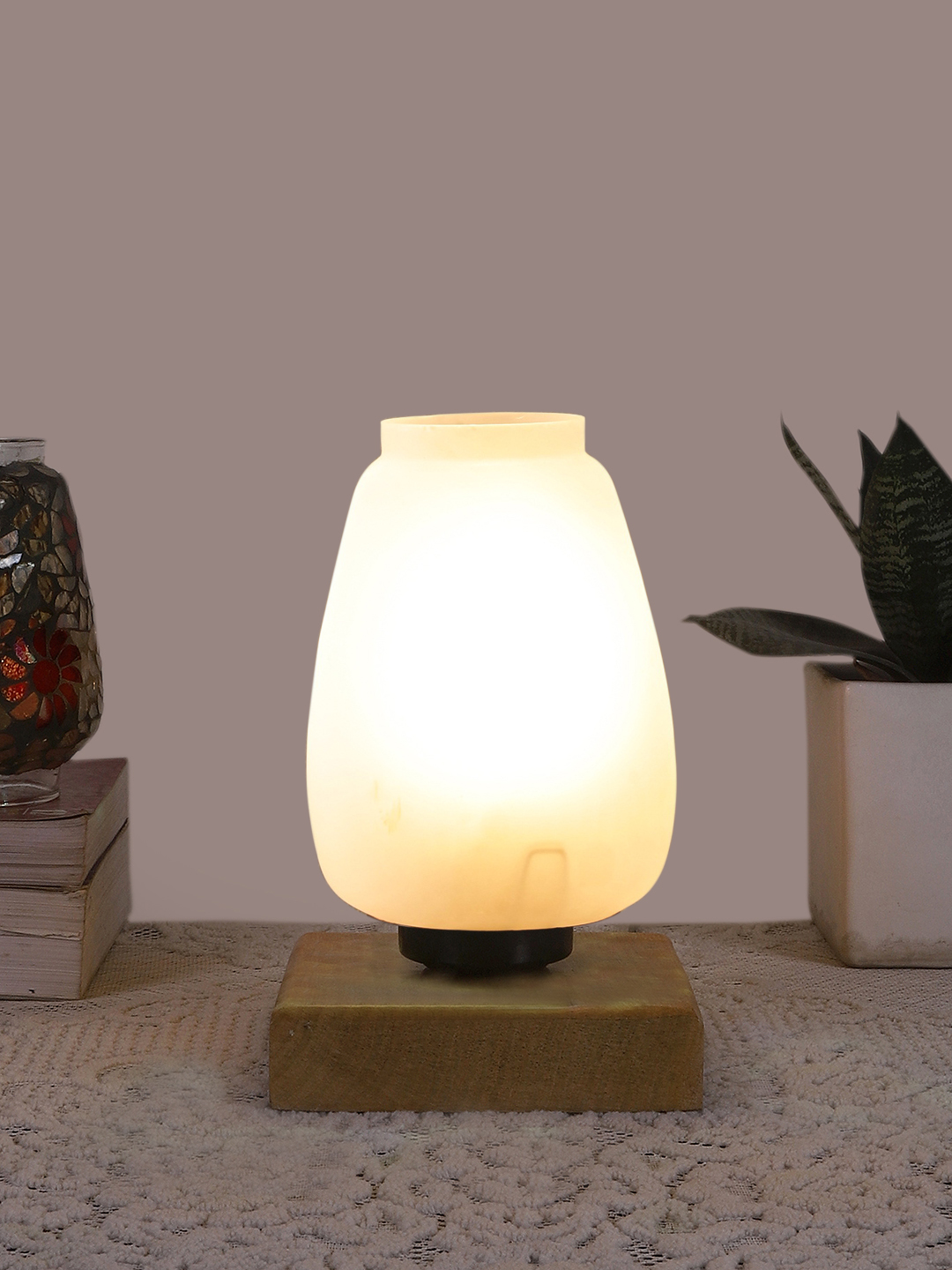Ambika Home Heritage Mosaic White Mosaic Glass Table Lamp with Wooden Base | Premium Bedside Lamp for Bedroom, Living Room, Hall, Hotel, Café, Restaurant & Office | E27 Compatible - Image 2