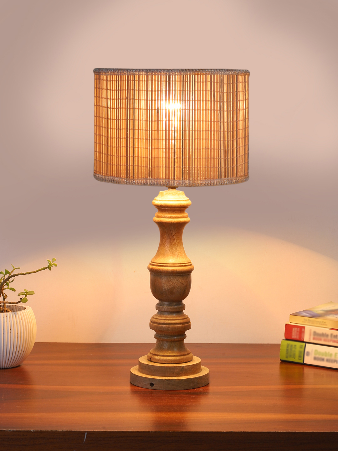 Ambika Home Beige Bamboo Wooden Table Lamp | Decorative Bedside Lamp for Bedroom, Living Room, Hall, Hotel, Café, Restaurant, Office & Study Room | E27 Compatible - Image 2