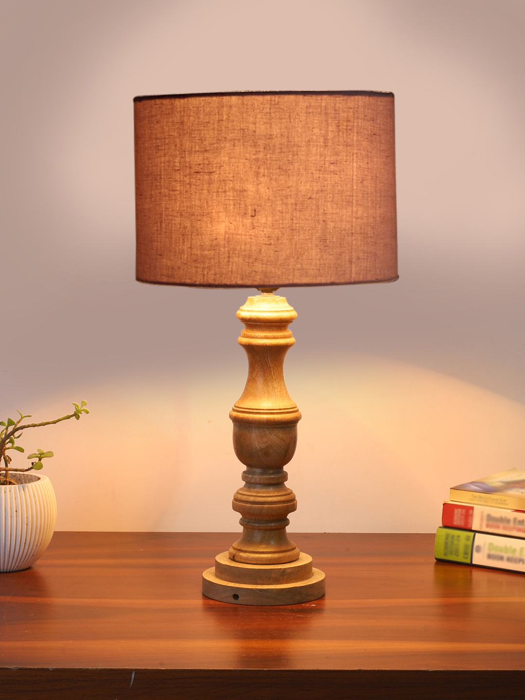 Ambika Home Grey cotton Wooden Table Lamp | Decorative Bedside Lamp for Bedroom, Living Room, Hall, Hotel, Café, Restaurant, Office & Study Room | E27 Compatible - Image 2