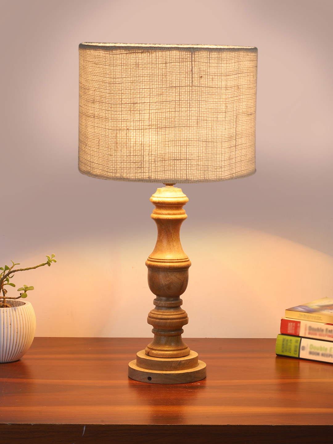 Ambika Home White Jute Wooden Table Lamp | Decorative Bedside Lamp for Bedroom, Living Room, Hall, Hotel, Café, Restaurant, Office & Study Room | E27 Compatible - Image 2