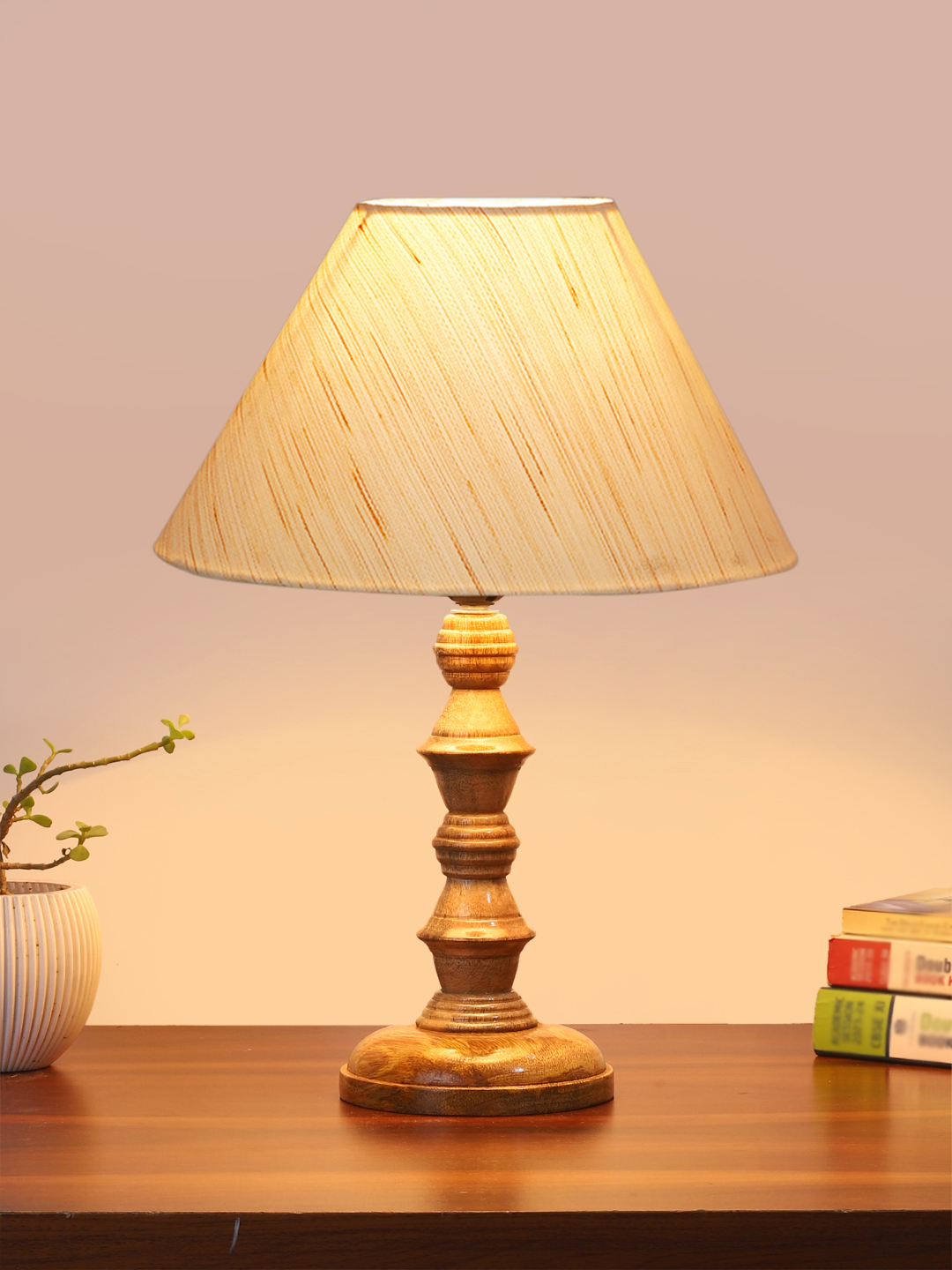 Ambika Home off-white cotton Wooden Table Lamp | Decorative Bedside Lamp for Bedroom, Living Room, Hall, Hotel, Café, Restaurant, Office & Study Room | E27 Compatible - Image 2