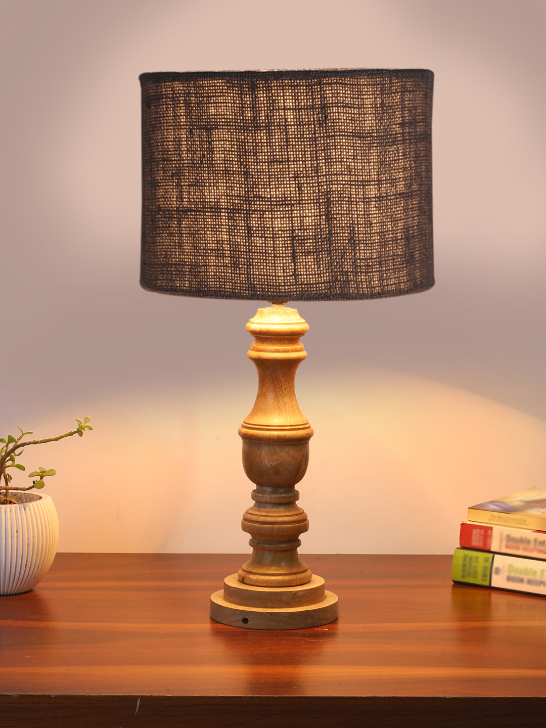Ambika Home Grey Jute Wooden Table Lamp | Decorative Bedside Lamp for Bedroom, Living Room, Hall, Hotel, Café, Restaurant, Office & Study Room | E27 Compatible - Image 2