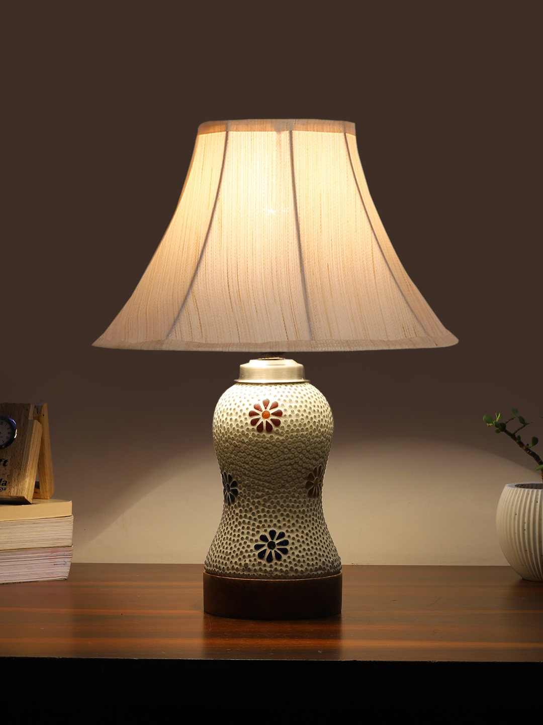 Ambika Home off-white Cotton Mosaic Glass Table Lamp | Decorative Bedside Lamp for Bedroom, Living Room, Hall, Hotel, Café, Restaurant, Office & Study Room | E27 Compatible - Image 3
