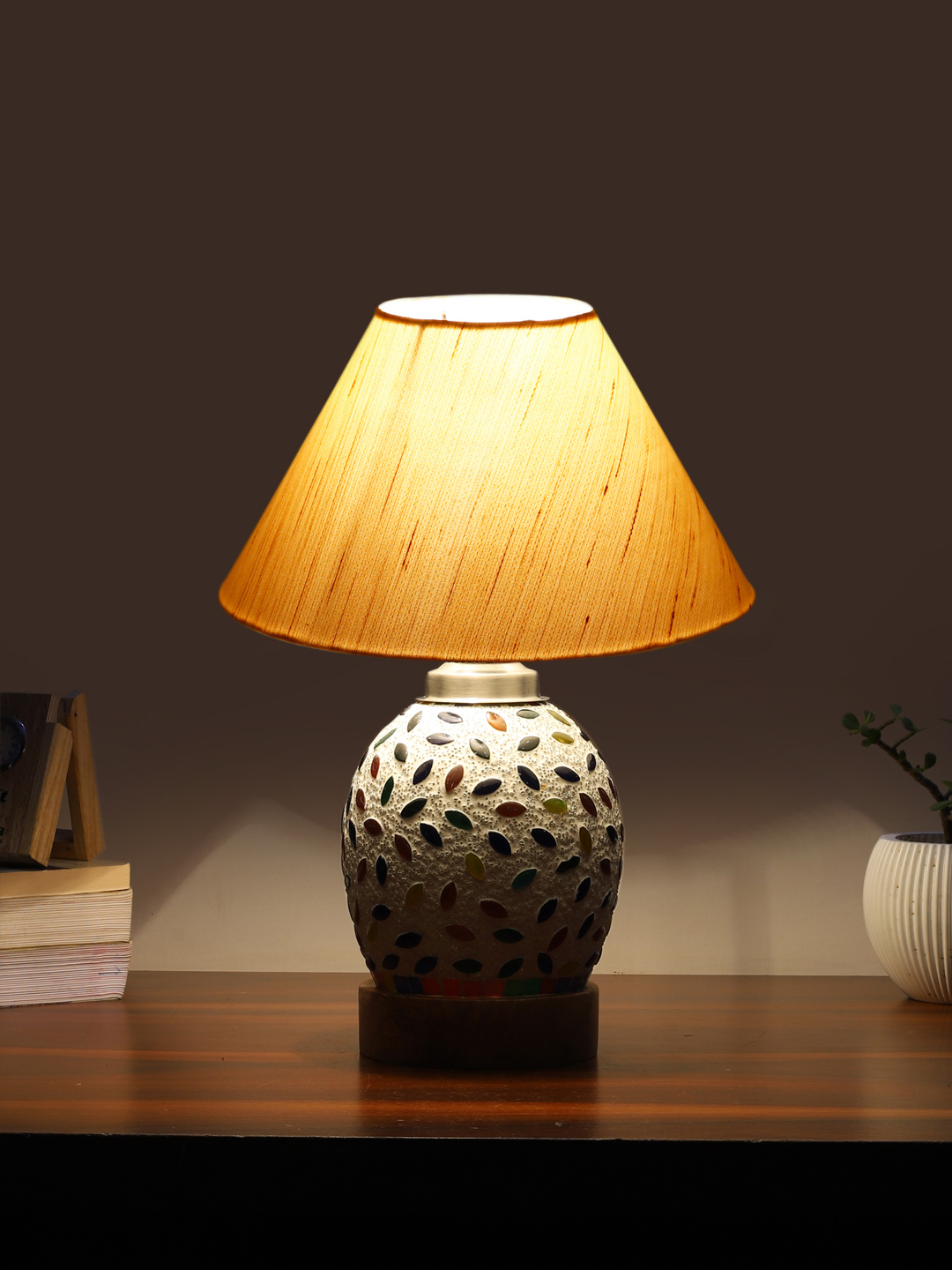 Ambika Home off-white Cotton Mosaic Glass Table Lamp | Decorative Bedside Lamp for Bedroom, Living Room, Hall, Hotel, Café, Restaurant, Office & Study Room | E27 Compatible - Image 3
