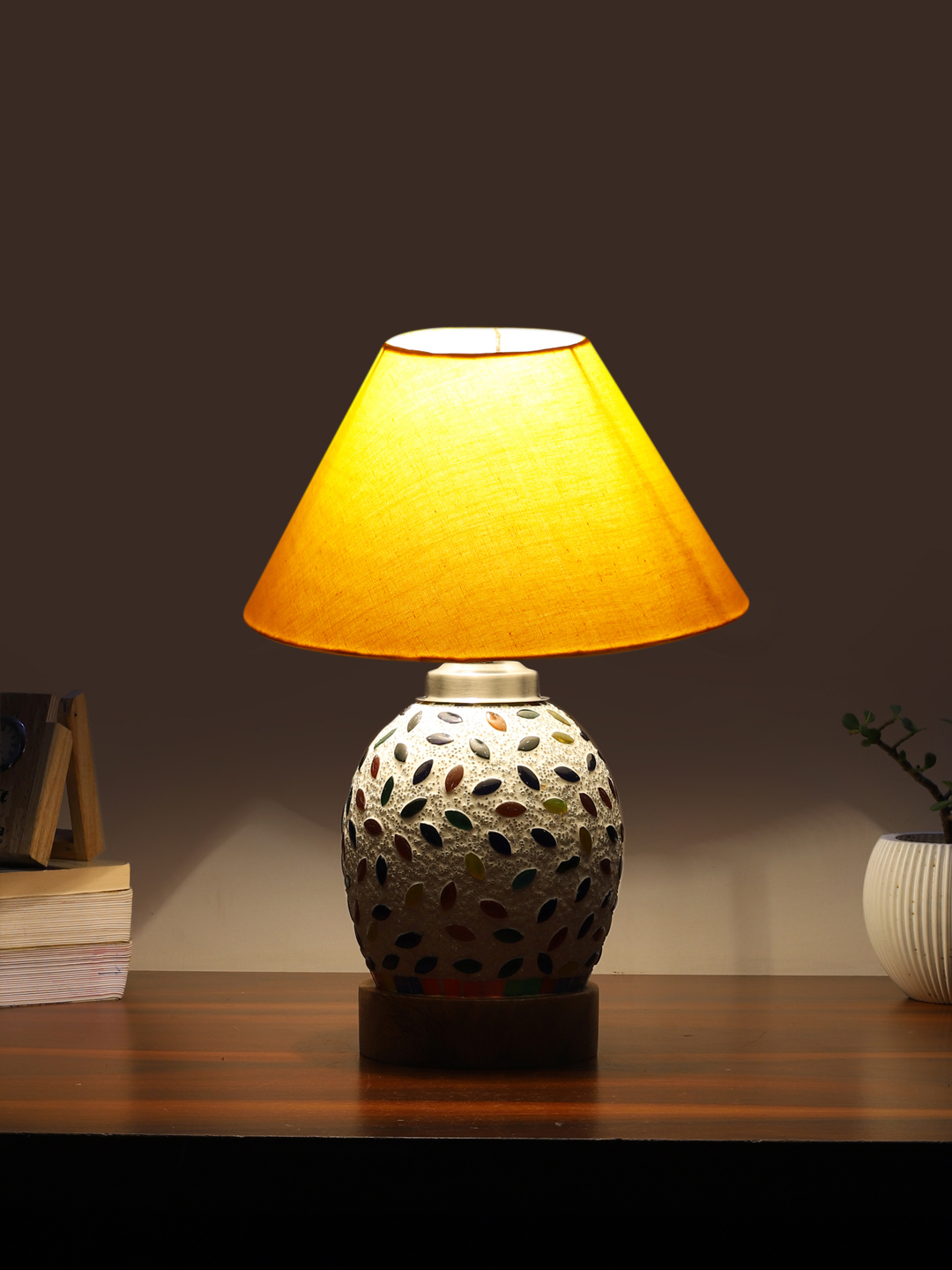 Ambika Home Yellow Cotton Mosaic Glass Table Lamp | Decorative Bedside Lamp for Bedroom, Living Room, Hall, Hotel, Café, Restaurant, Office & Study Room | E27 Compatible - Image 3