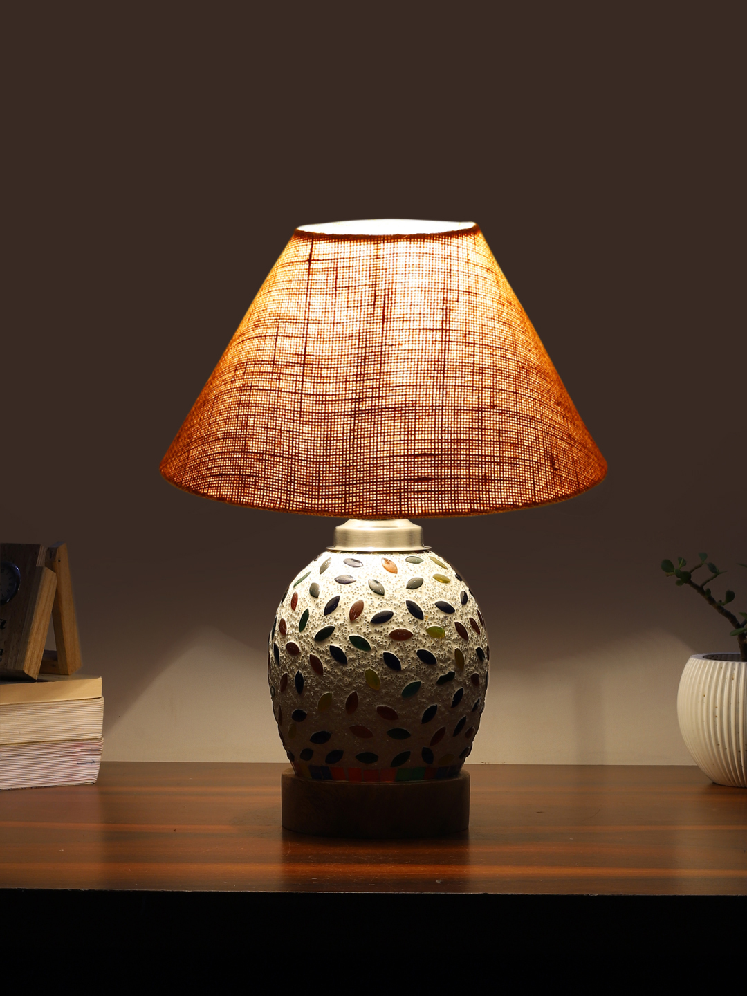 Ambika Home Beige Jute Mosaic Glass Table Lamp | Decorative Bedside Lamp for Bedroom, Living Room, Hall, Hotel, Café, Restaurant, Office & Study Room | E27 Compatible - Image 3