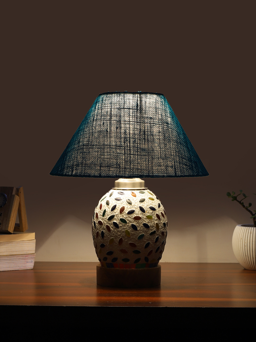 Ambika Home Turquoise Jute Mosaic Glass Table Lamp | Decorative Bedside Lamp for Bedroom, Living Room, Hall, Hotel, Café, Restaurant, Office & Study Room | E27 Compatible - Image 3