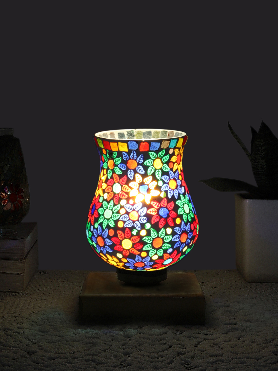 Ambika Home Elara Mosaic Multicolor Mosaic Glass Table Lamp with Wooden Base | Premium Bedside Lamp for Bedroom, Living Room, Hall, Hotel, Café, Restaurant & Office | E27 Compatible - Image 3