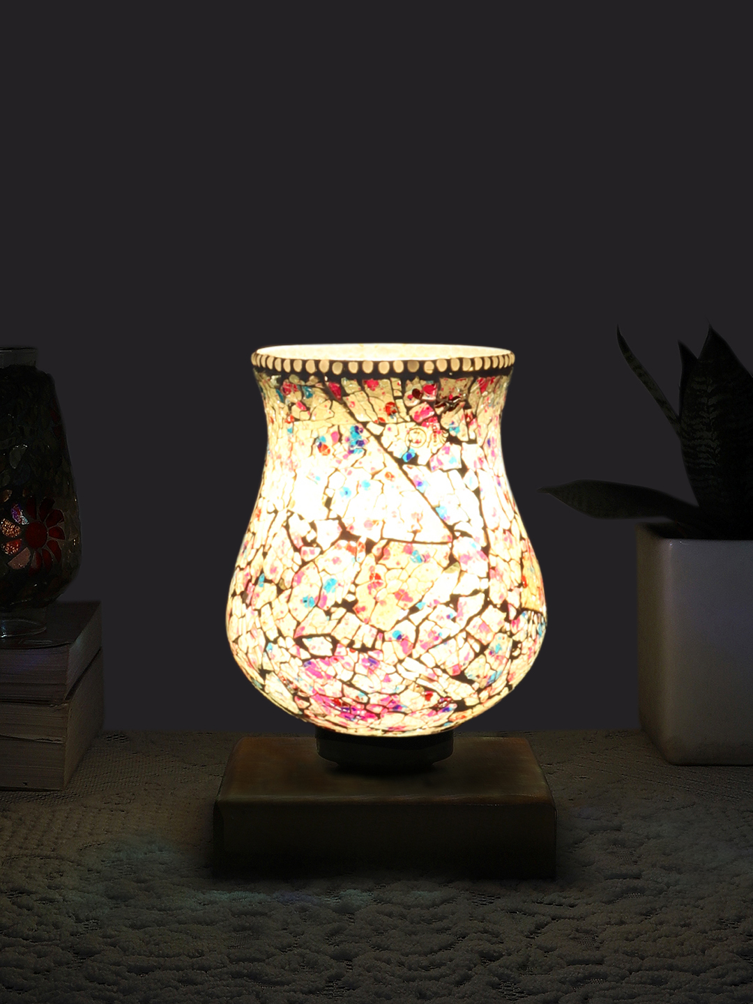 Ambika Home Solara Mosaic Multicolor Mosaic Glass Table Lamp with Wooden Base | Premium Bedside Lamp for Bedroom, Living Room, Hall, Hotel, Café, Restaurant & Office | E27 Compatible - Image 3