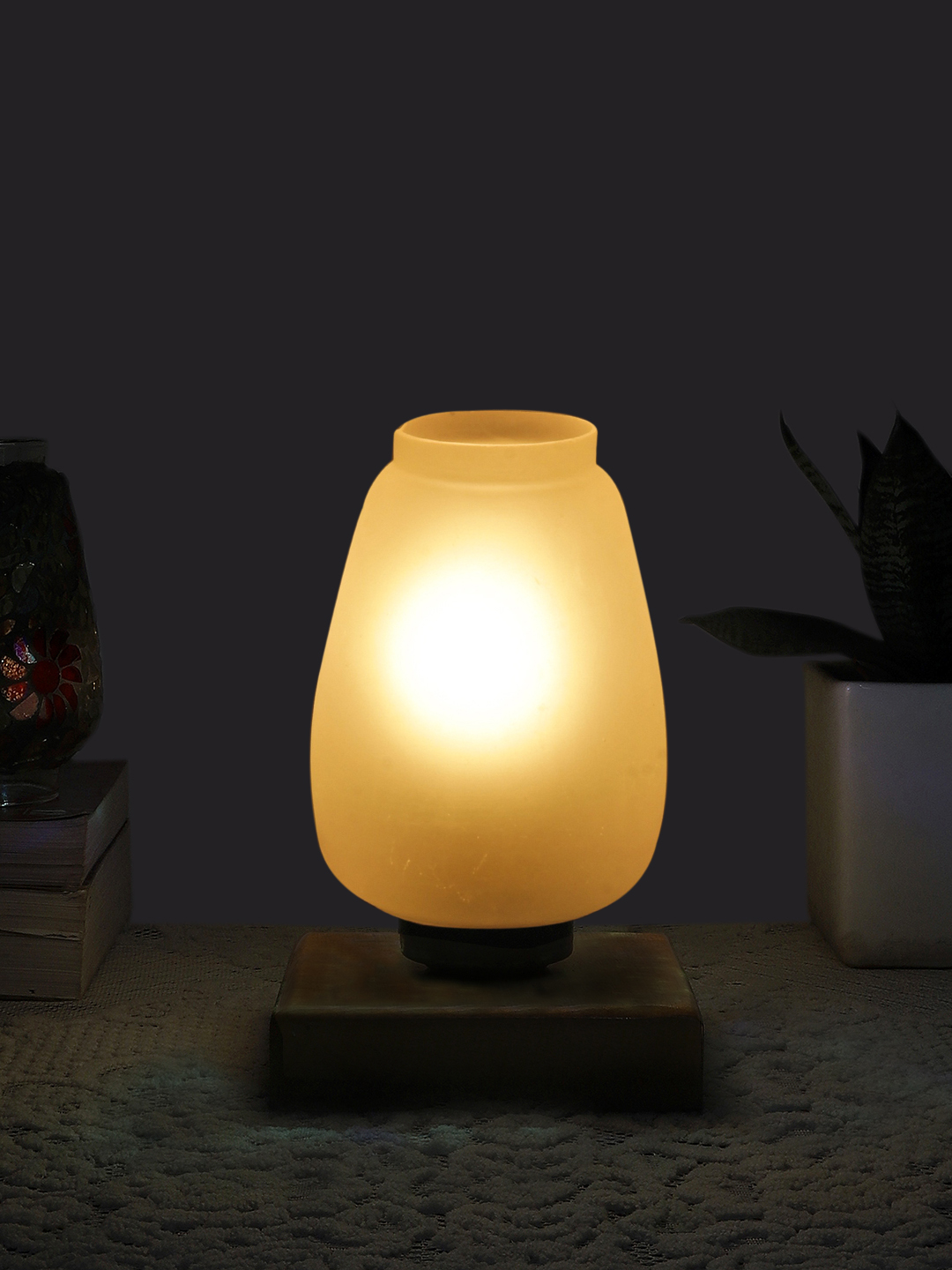 Ambika Home Heritage Mosaic White Mosaic Glass Table Lamp with Wooden Base | Premium Bedside Lamp for Bedroom, Living Room, Hall, Hotel, Café, Restaurant & Office | E27 Compatible - Image 3