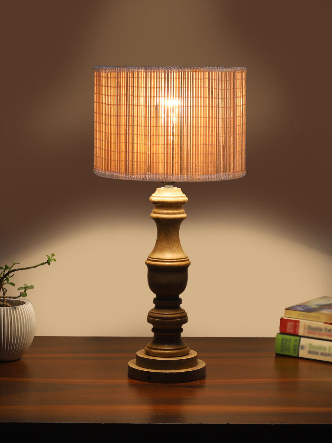 Ambika Home Beige Bamboo Wooden Table Lamp | Decorative Bedside Lamp for Bedroom, Living Room, Hall, Hotel, Café, Restaurant, Office & Study Room | E27 Compatible - Image 3