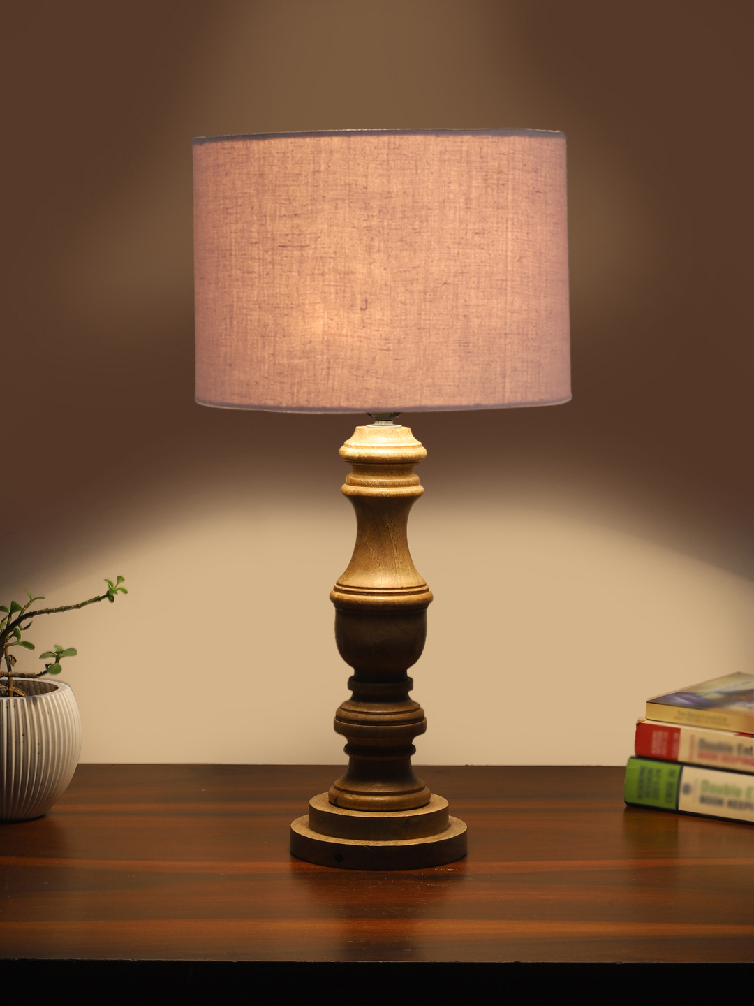 Ambika Home Grey cotton Wooden Table Lamp | Decorative Bedside Lamp for Bedroom, Living Room, Hall, Hotel, Café, Restaurant, Office & Study Room | E27 Compatible - Image 3