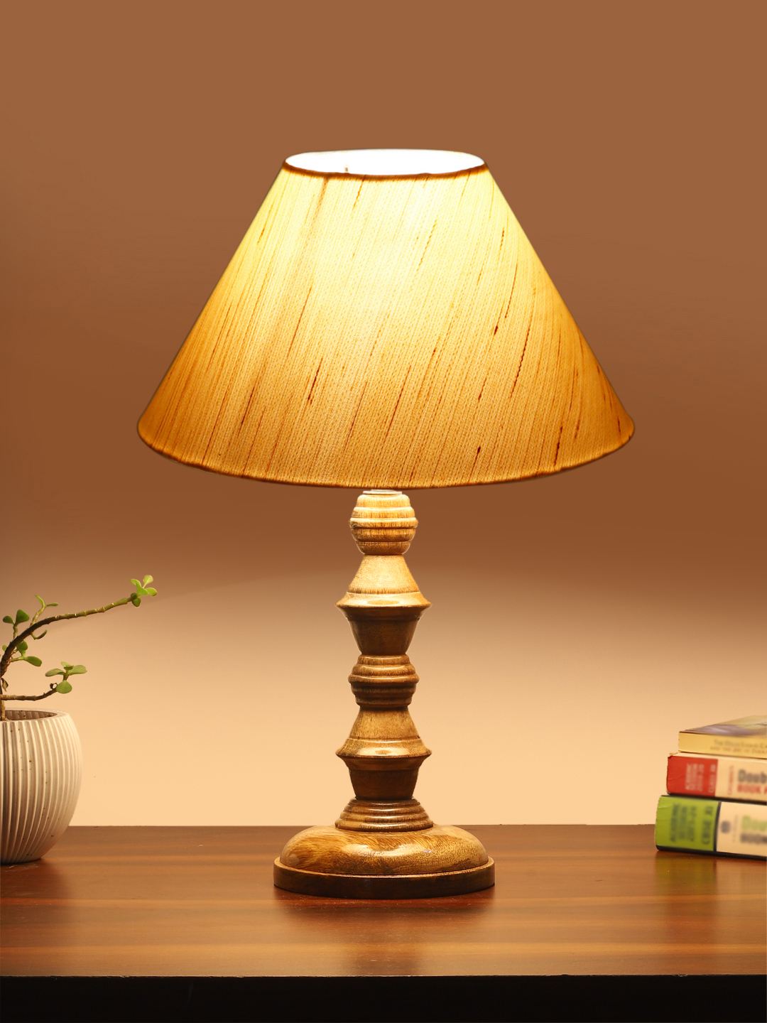Ambika Home off-white cotton Wooden Table Lamp | Decorative Bedside Lamp for Bedroom, Living Room, Hall, Hotel, Café, Restaurant, Office & Study Room | E27 Compatible - Image 3