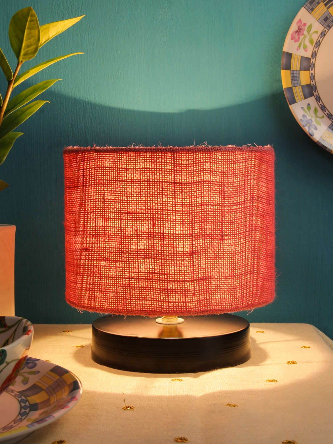 Ambika Home Heritage Collection Pink Gola Table Lamp with Wooden Base | Premium Decorative Bedside Lamp for Bedroom, Living Room, Hall, Hotel, Café, Restaurant & Office | E27 Compatible