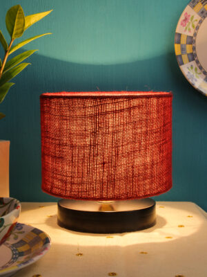 Ambika Home Artisan Collection Maroon Gola Table Lamp with Wooden Base | Premium Decorative Bedside Lamp for Bedroom, Living Room, Hall, Hotel, Café, Restaurant & Office | E27 Compatible