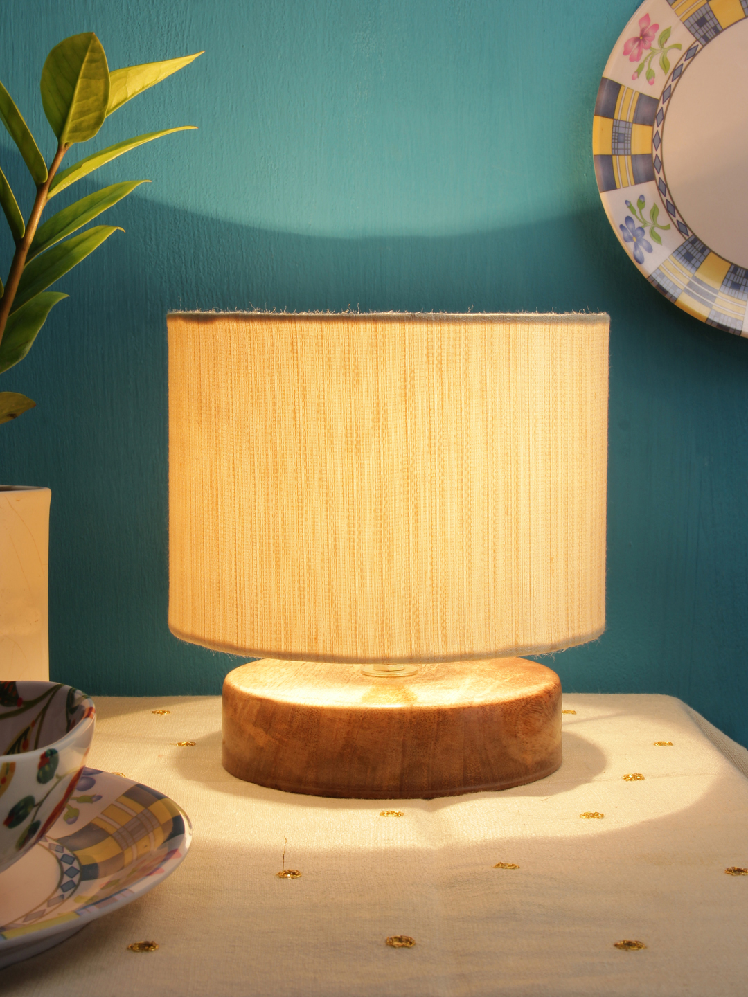 Ambika Home Artisan Collection off-white Gola Table Lamp with Wooden Base | Premium Decorative Bedside Lamp for Bedroom, Living Room, Hall, Hotel, Café, Restaurant & Office | E27 Compatible