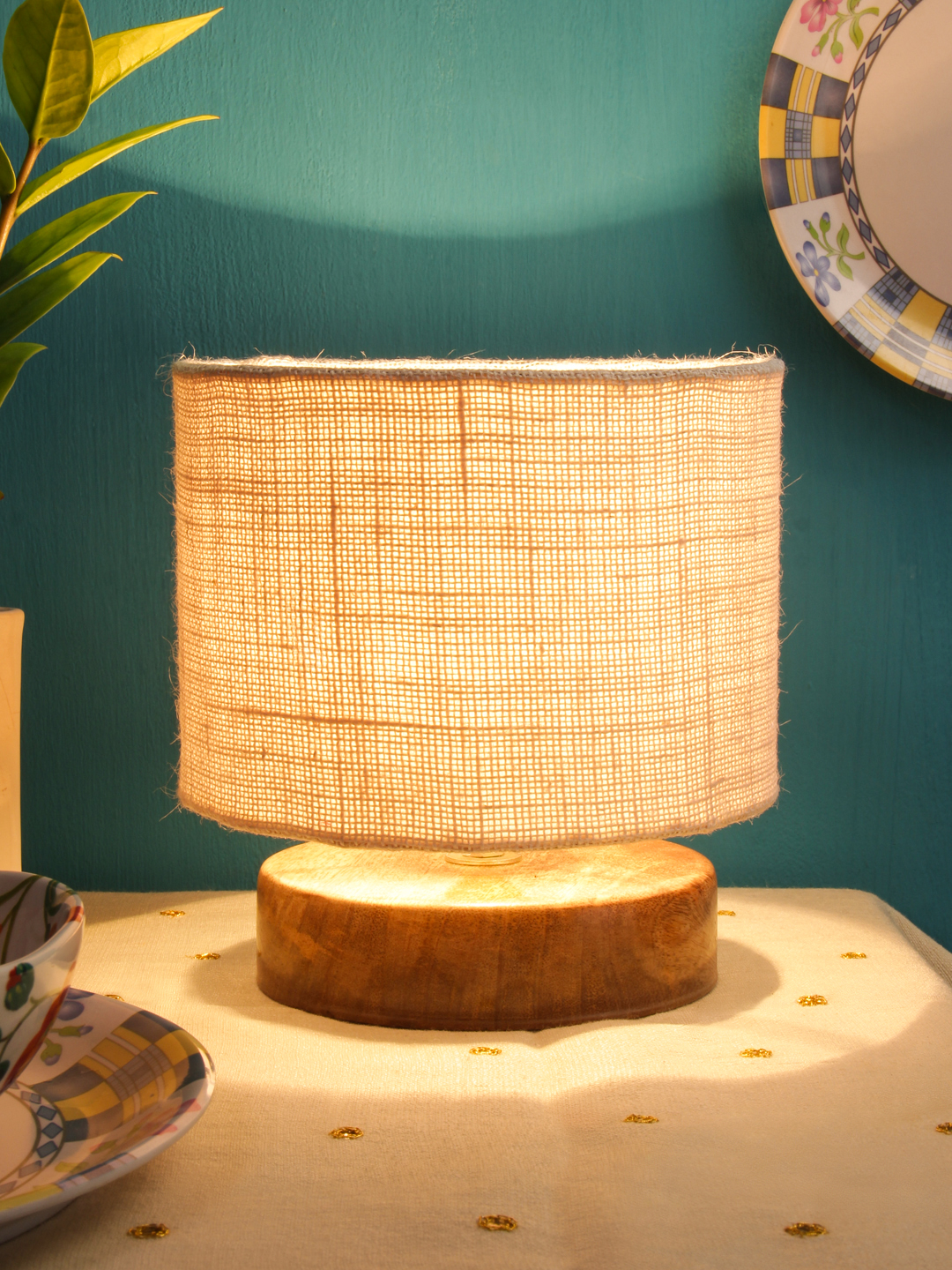 Ambika Home Elara Collection White Gola Table Lamp with Wooden Base | Premium Decorative Bedside Lamp for Bedroom, Living Room, Hall, Hotel, Café, Restaurant & Office | E27 Compatible