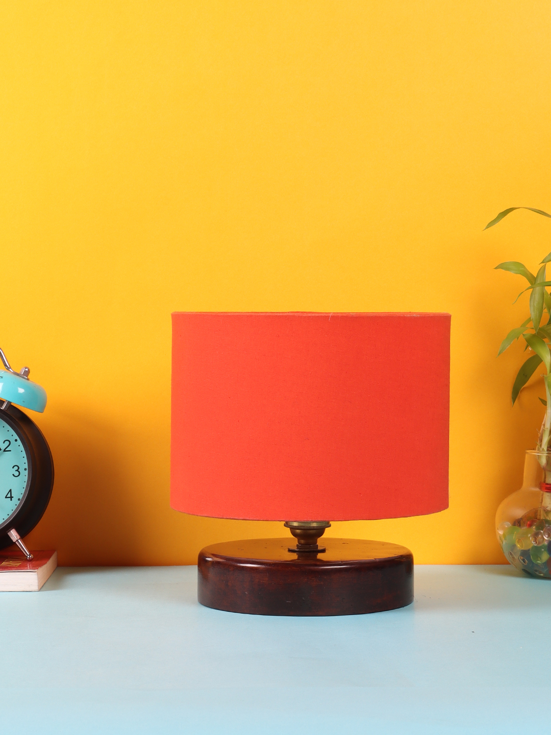 Ambika Home Royale Collection Orange Gola Table Lamp with Wooden Base | Premium Decorative Bedside Lamp for Bedroom, Living Room, Hall, Hotel, Café, Restaurant & Office | E27 Compatible