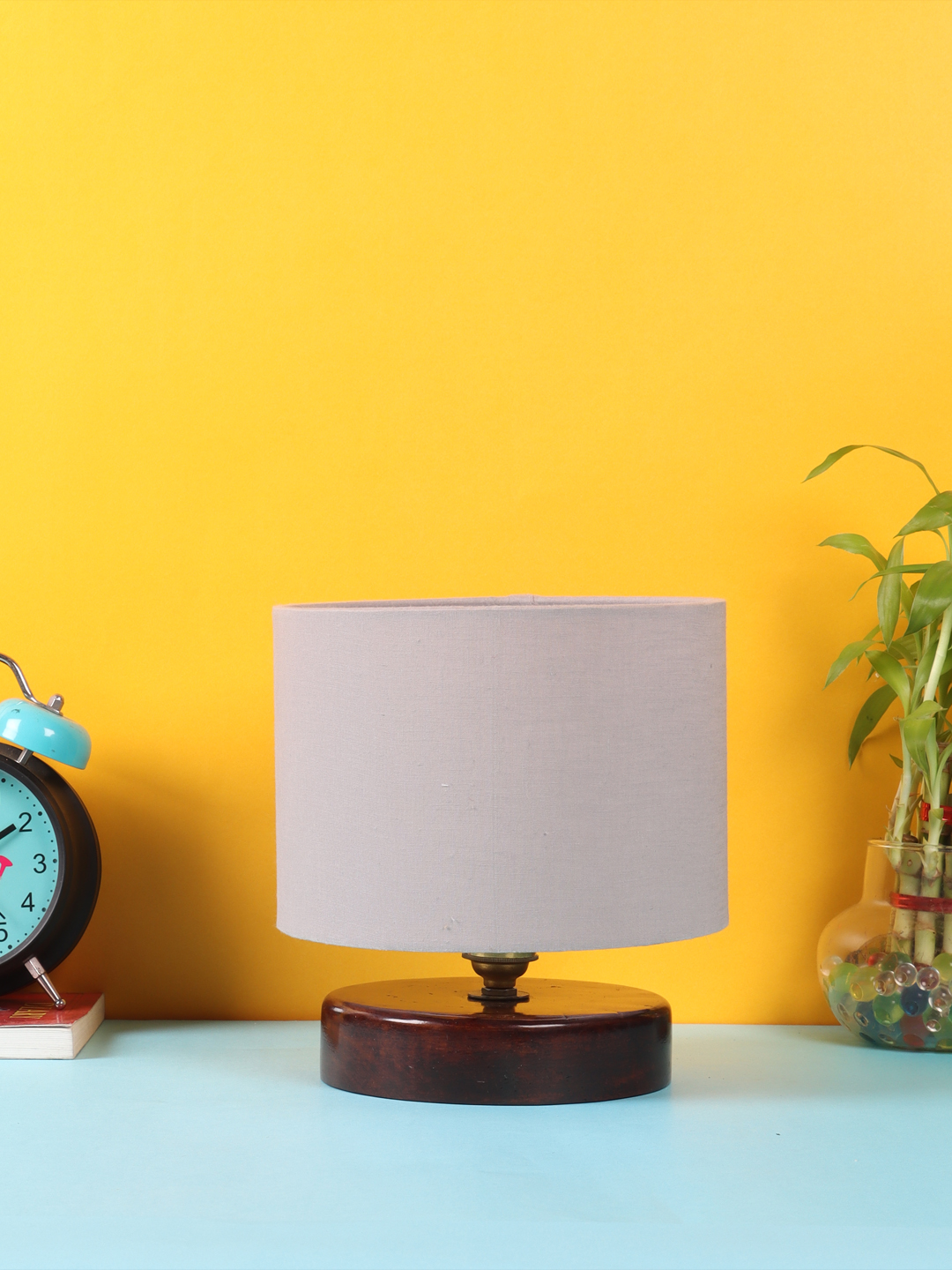 Ambika Home Bohemia Collection Grey Gola Table Lamp with Wooden Base | Premium Decorative Bedside Lamp for Bedroom, Living Room, Hall, Hotel, Café, Restaurant & Office | E27 Compatible