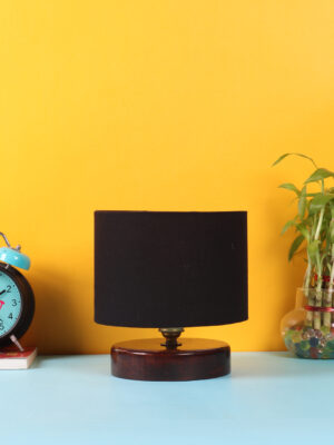 Ambika Home Black cotton table lamp with Brown wood base  Wooden Table Lamp with Cotton Shade, Black , Modern Bedside Lamp for Bedroom, Living Room, Hotel, Café & Home Decor