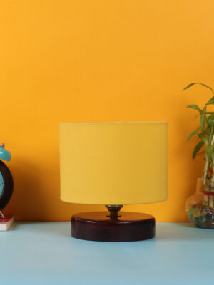 Ambika Home Yellow  cotton table lamp with Brown wood base  Wooden Table Lamp with Cotton Shade, Yellow, Modern Bedside Lamp for Bedroom, Living Room, Hotel, Café & Home Decor