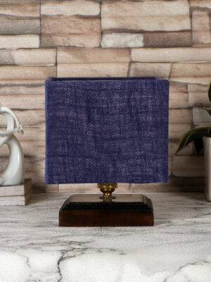 Ambika Home Blue Jute table lamp with Brown wood square base