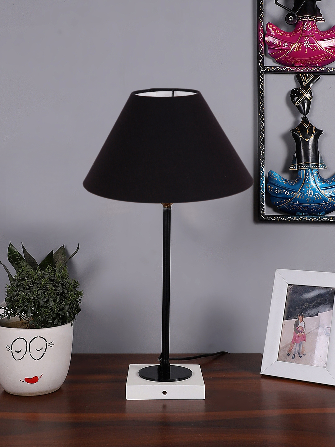 Ambika Home Wooden Table Lamp with Black Cotton Shade | Bedside Lamp for Bedroom, Living Room, Hotel & Cafe | RK16