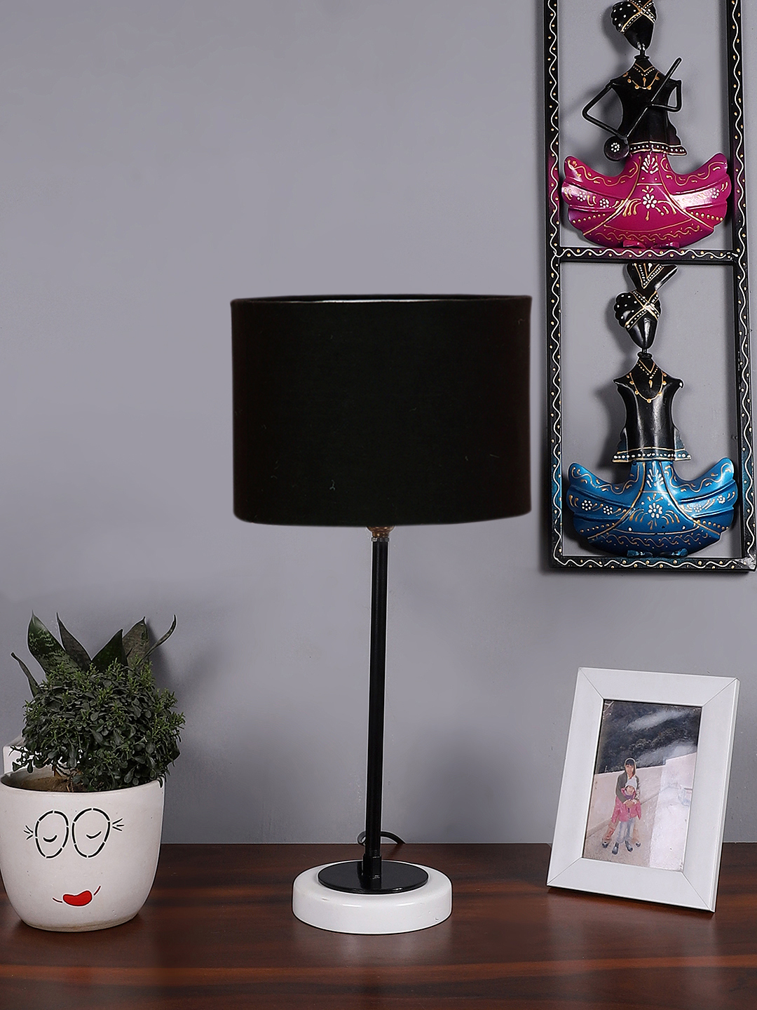 Ambika Home Wooden Table Lamp with Black Cotton Shade | Bedside Lamp for Bedroom, Living Room, Hotel & Cafe | RK31