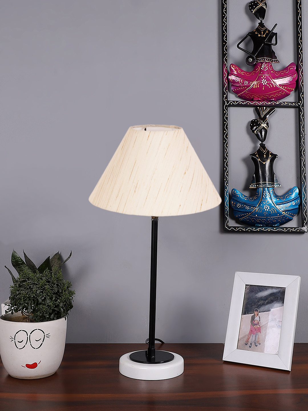 Ambika Home Wooden Table Lamp with Black Cotton Shade | Bedside Lamp for Bedroom, Living Room, Hotel & Cafe | RK45