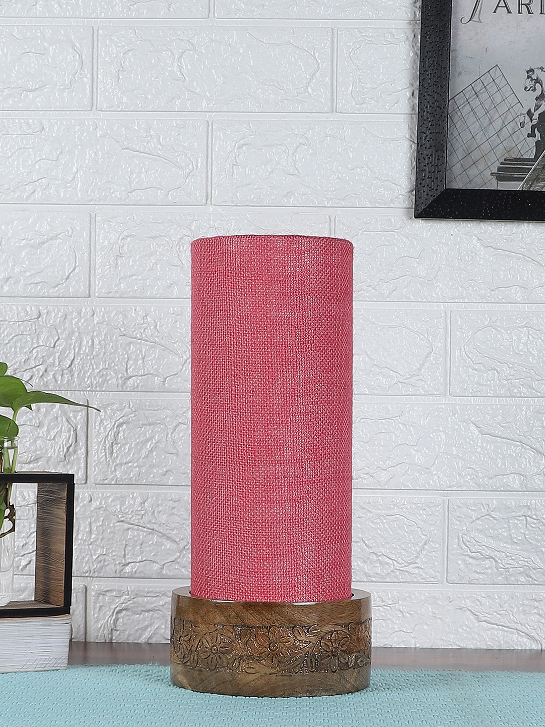 Ambika Home Pink Jute Round Carving Table Lamp Shade | Decorative Bedside Lamp for Living Room, Bedroom, Hotel, Cafe & Restaurant | SKU AT10