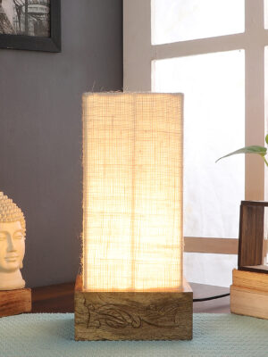 Ambika Home White Jute Square Carving Table Lamp Shade | Decorative Bedside Lamp for Living Room, Bedroom, Hotel, Cafe & Restaurant | SKU AT39