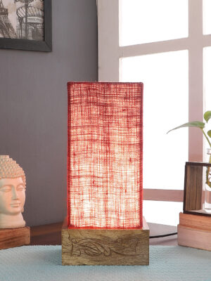 Ambika Home Maroon Jute Square Carving Table Lamp Shade | Decorative Bedside Lamp for Living Room, Bedroom, Hotel, Cafe & Restaurant | SKU AT41