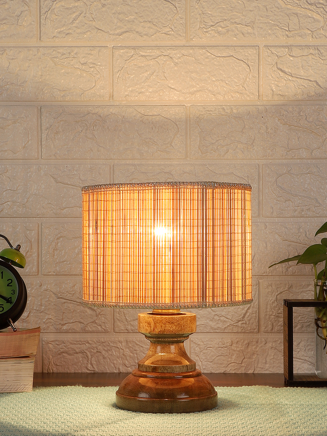 Ambika Home Beige Bamboo Wood Compact Table Lamp Shade | Decorative Bedside Lamp for Living Room, Bedroom, Hotel, Cafe & Restaurant | SKU AT61