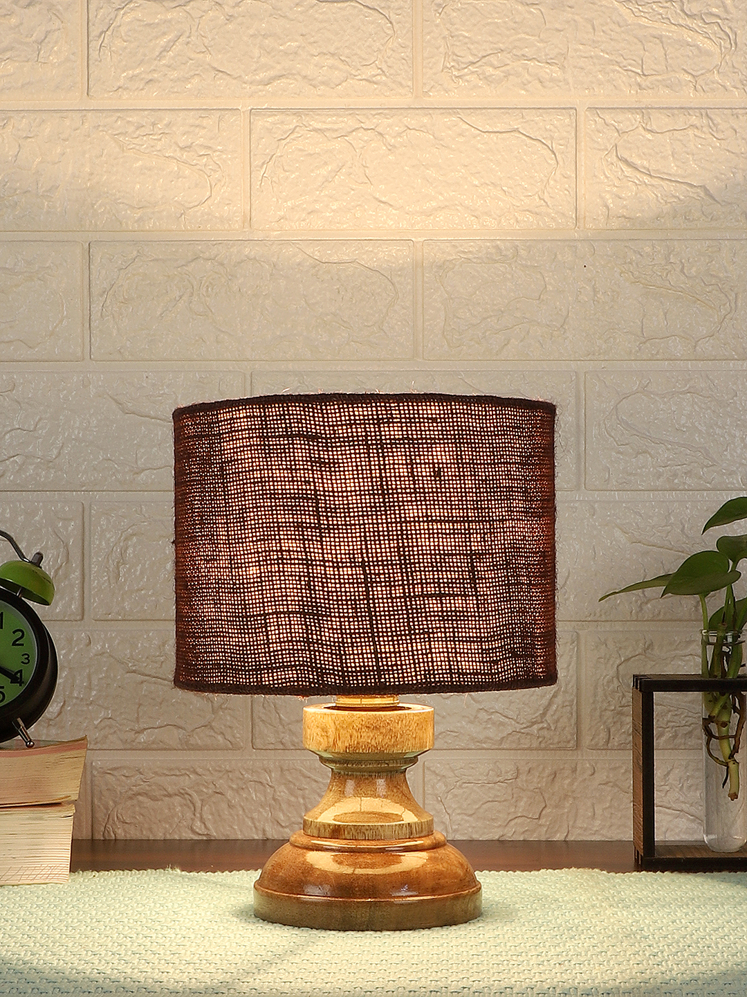 Ambika Home Brown Jute Jute Wood Compact Table Lamp Shade | Decorative Bedside Lamp for Living Room, Bedroom, Hotel, Cafe & Restaurant | SKU AT78 - Image 2