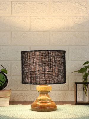 Ambika Home Black Jute Jute Wood Compact Table Lamp Shade | Decorative Bedside Lamp for Living Room, Bedroom, Hotel, Cafe & Restaurant | SKU AT79