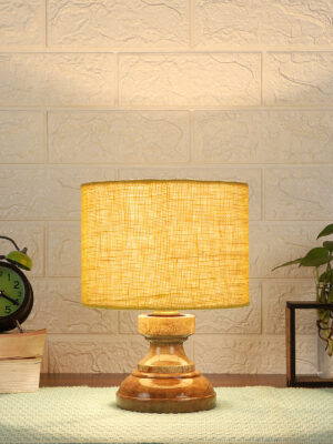 Ambika Home Yellow Jute Jute Wood Compact Table Lamp Shade | Decorative Bedside Lamp for Living Room, Bedroom, Hotel, Cafe & Restaurant | SKU AT82