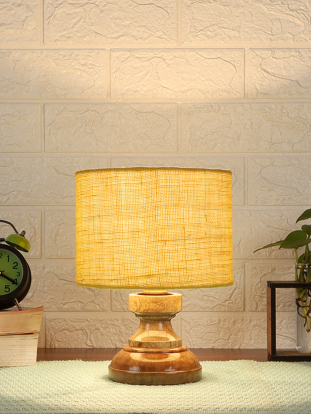 Ambika Home Yellow Jute Jute Wood Compact Table Lamp Shade | Decorative Bedside Lamp for Living Room, Bedroom, Hotel, Cafe & Restaurant | SKU AT82