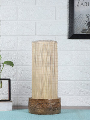Ambika Home Beige Bamboo Round Carving Table Lamp Shade | Decorative Bedside Lamp for Living Room, Bedroom, Hotel, Cafe & Restaurant | SKU AT83