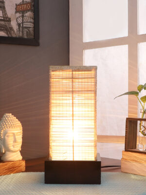 Ambika Home Beige Bamboo Square Brown Table Lamp Shade | Decorative Bedside Lamp for Living Room, Bedroom, Hotel, Cafe & Restaurant | SKU AT86