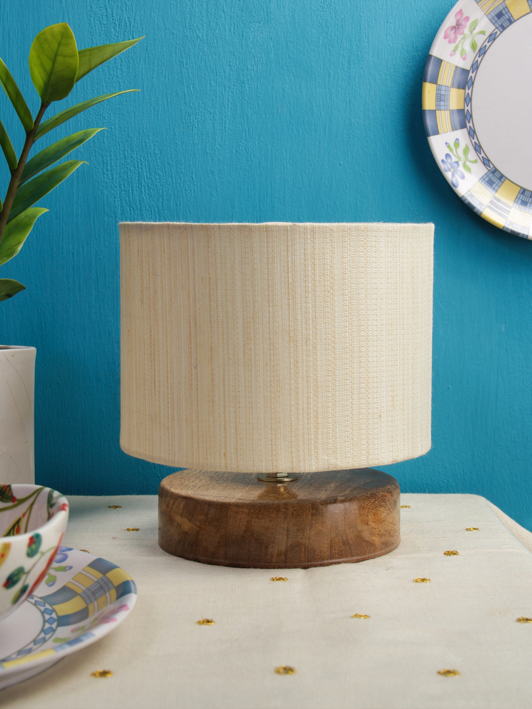Ambika Home Artisan Collection off-white Gola Table Lamp with Wooden Base | Premium Decorative Bedside Lamp for Bedroom, Living Room, Hall, Hotel, Café, Restaurant & Office | E27 Compatible - Image 2