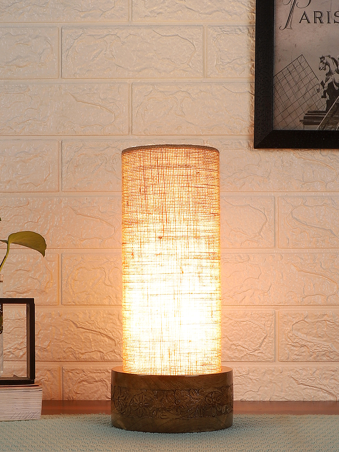 Ambika Home Beige Jute Round Carving Table Lamp Shade | Decorative Bedside Lamp for Living Room, Bedroom, Hotel, Cafe & Restaurant | SKU AT08 - Image 2