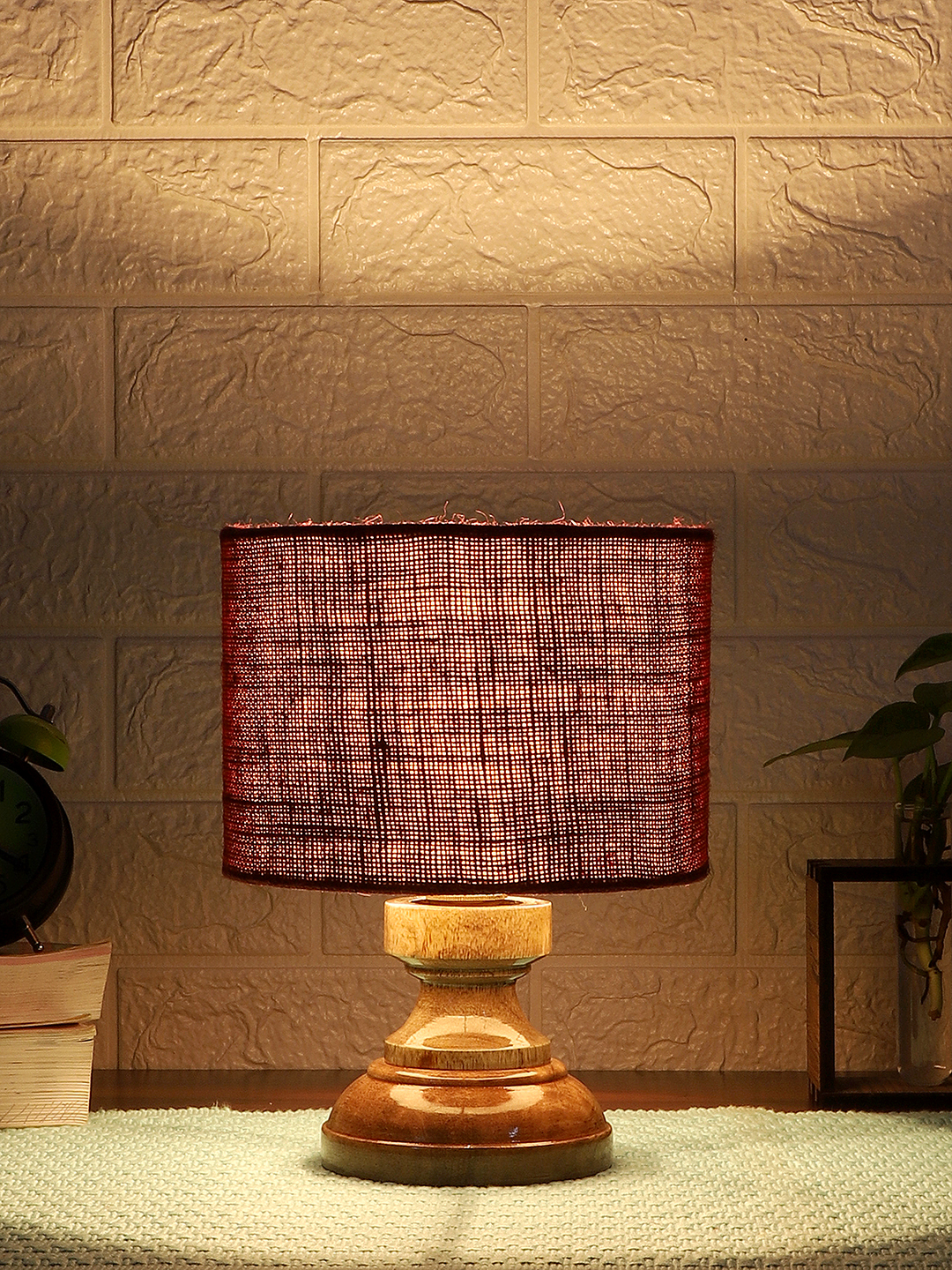 Ambika Home Maroon Jute Wood Compact Table Lamp Shade | Decorative Bedside Lamp for Living Room, Bedroom, Hotel, Cafe & Restaurant | SKU AT72 - Image 3