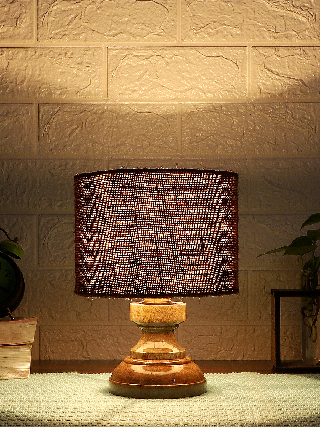 Ambika Home Brown Jute Jute Wood Compact Table Lamp Shade | Decorative Bedside Lamp for Living Room, Bedroom, Hotel, Cafe & Restaurant | SKU AT78 - Image 3