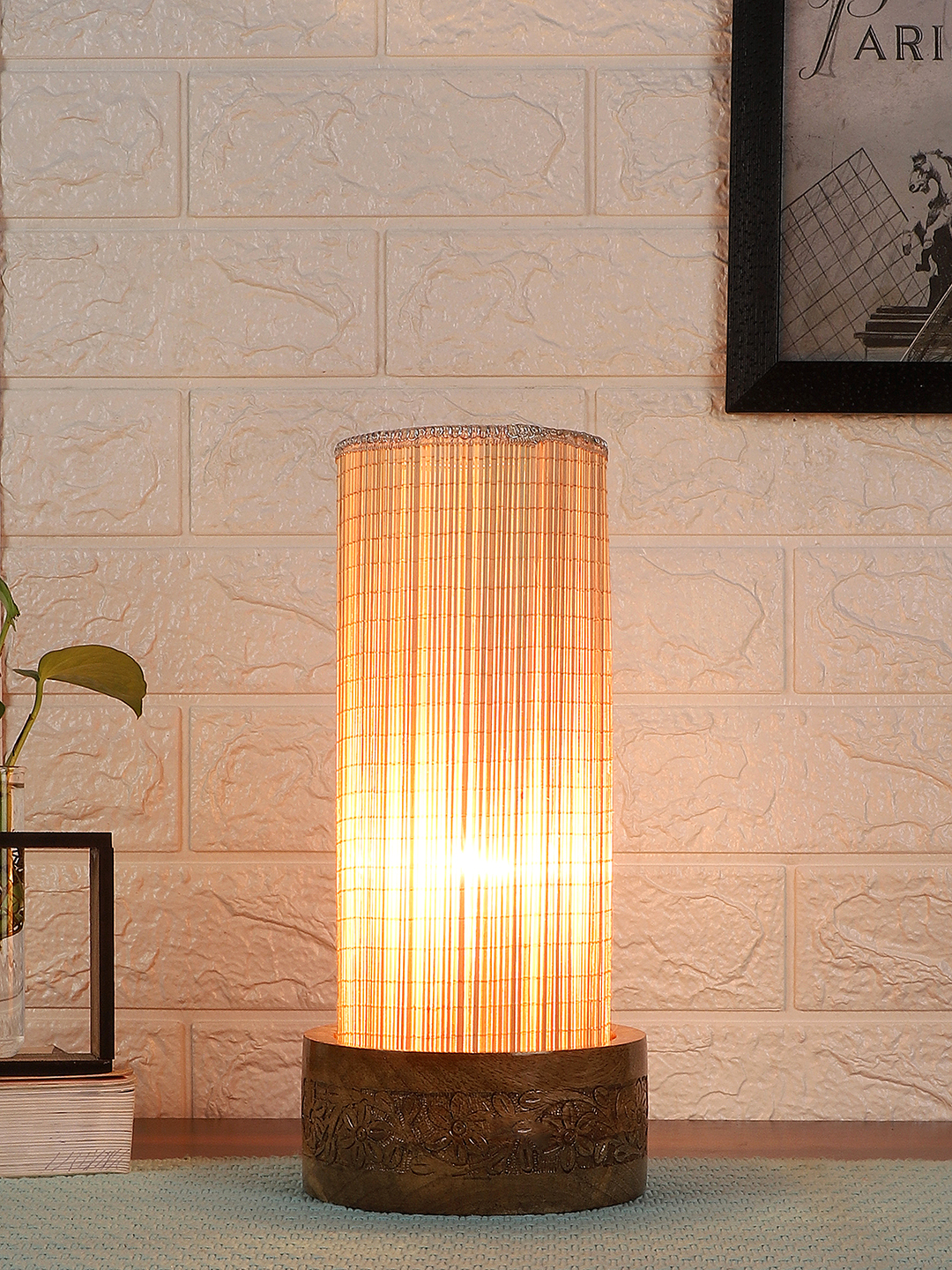Ambika Home Beige Bamboo Round Carving Table Lamp Shade | Decorative Bedside Lamp for Living Room, Bedroom, Hotel, Cafe & Restaurant | SKU AT83 - Image 2