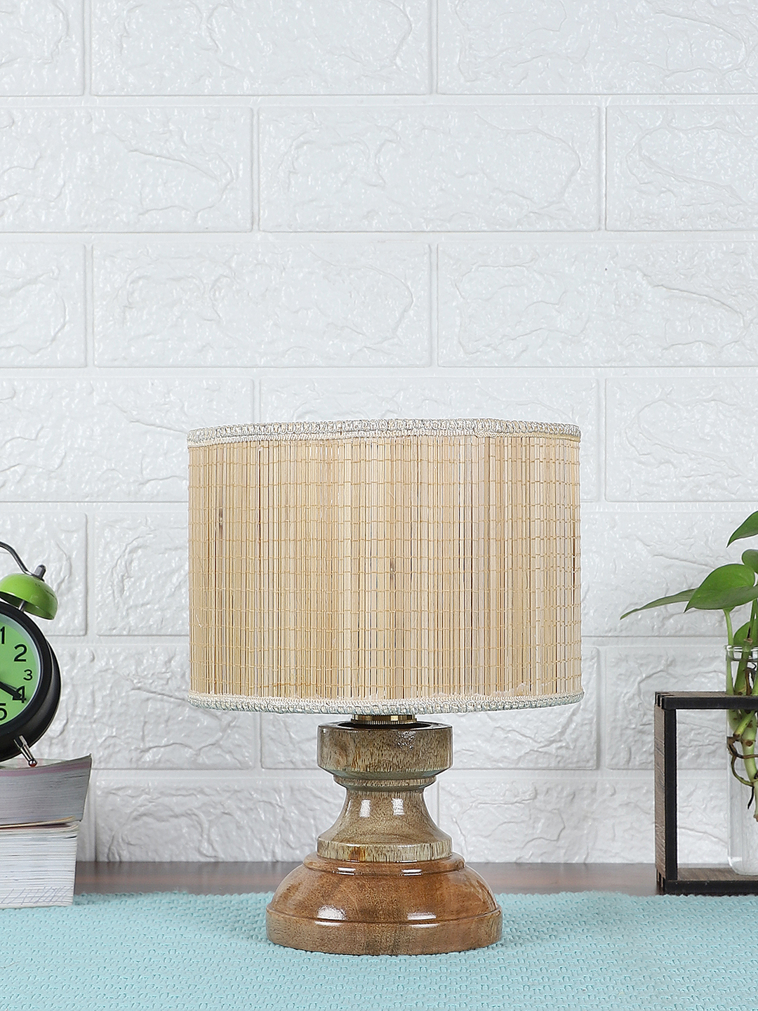 Ambika Home Beige Bamboo Wood Compact Table Lamp Shade | Decorative Bedside Lamp for Living Room, Bedroom, Hotel, Cafe & Restaurant | SKU AT61 - Image 3