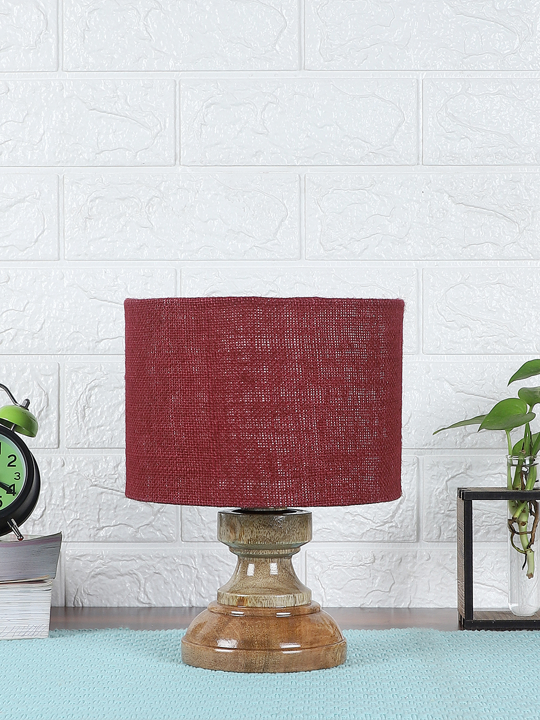 Ambika Home Maroon Jute Wood Compact Table Lamp Shade | Decorative Bedside Lamp for Living Room, Bedroom, Hotel, Cafe & Restaurant | SKU AT72 - Image 9