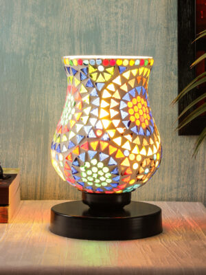 Ambika Home Nordic Mosaic Multicolor Mosaic Glass Table Lamp with Wooden Base | Premium Bedside Lamp for Bedroom, Living Room, Hall, Hotel, Café, Restaurant & Office | E27 Compatible