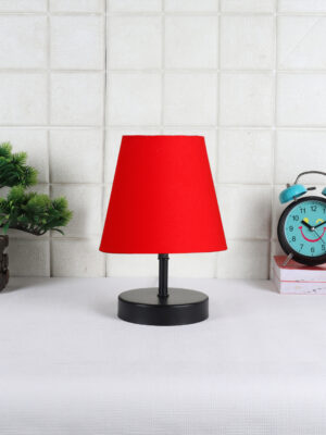 Ambika Home Red Cotton Shade Wooden Table Lamp | Modern Bedside Lamp for Bedroom, Living Room, Hotel, Café & Home Décor